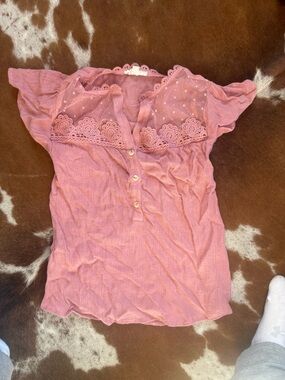 Pink Lace-Trim Flutter Sleeve Top - Women